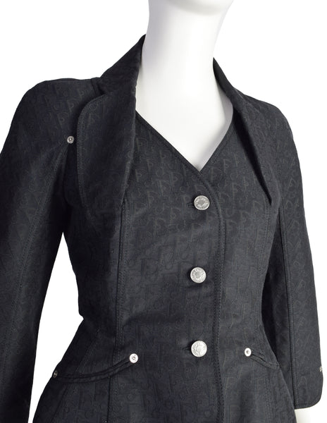 Christian Dior Vintage SS 2005 by John Galliano Black Tonal Oblique Monogram Jacquard Padded Hip Bar Jacket