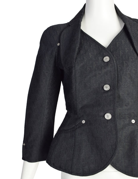 Christian Dior Vintage SS 2005 by John Galliano Black Tonal Oblique Monogram Jacquard Padded Hip Bar Jacket