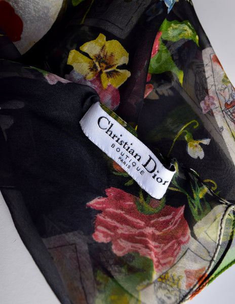 Christian Dior Vintage AW 2002 by John Galliano Floral Playing Card Print Silk Chiffon Rubbed Turtleneck Top