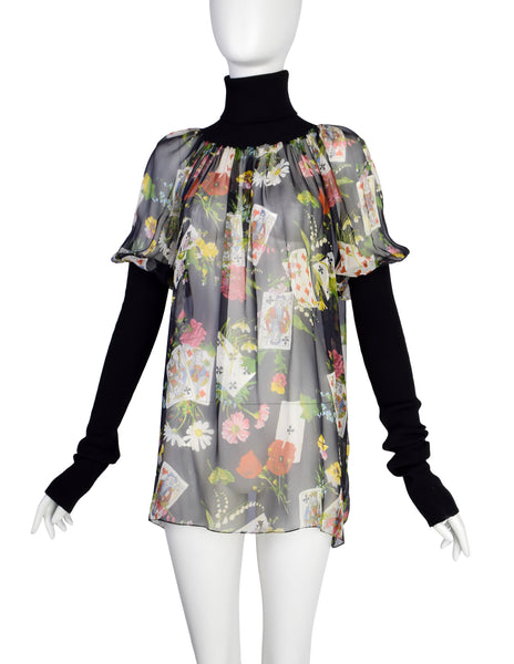 Christian Dior Vintage AW 2002 by John Galliano Floral Playing Card Print Silk Chiffon Rubbed Turtleneck Top
