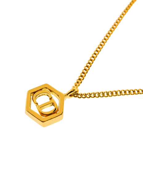 Christian Dior Vintage Gold Hexagon CD Logo Charm Chain Bracelet