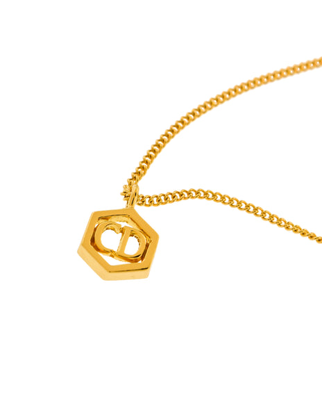 Christian Dior Vintage Gold Hexagon CD Logo Charm Chain Bracelet