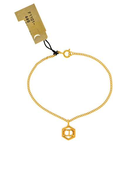 Christian Dior Vintage Gold Hexagon CD Logo Charm Chain Bracelet