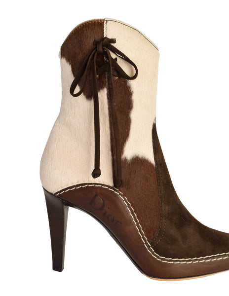 Christian Dior Vintage Western Brown Off White Spotted Pony Hair Suede Leather Boots