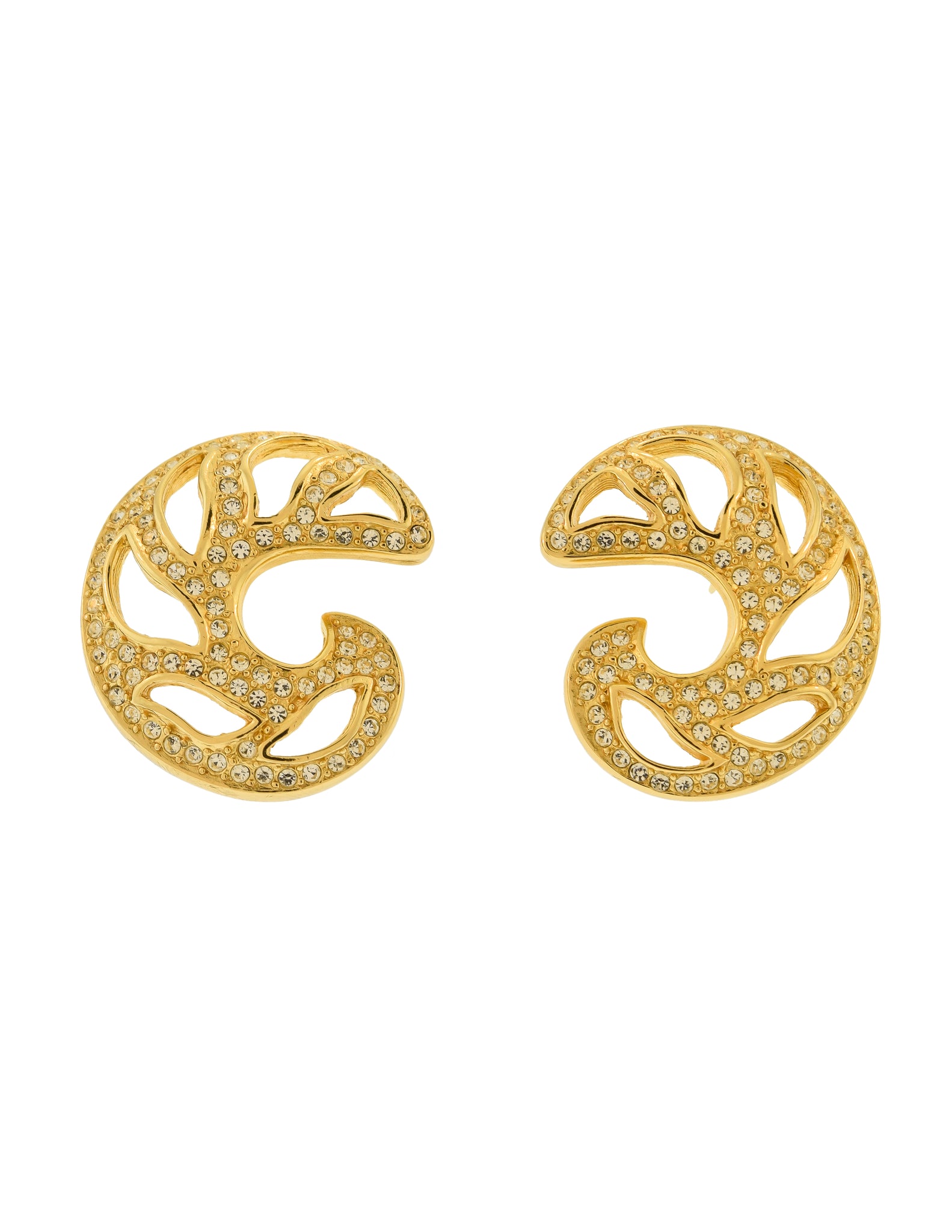 Christian Dior Vintage Rhinestone Encrusted Gold Cut Out Swirl Earrings