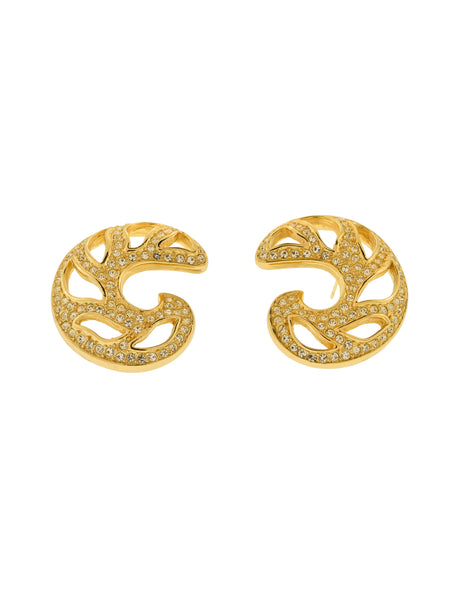 Christian Dior Vintage Rhinestone Encrusted Gold Cut Out Swirl Earrings
