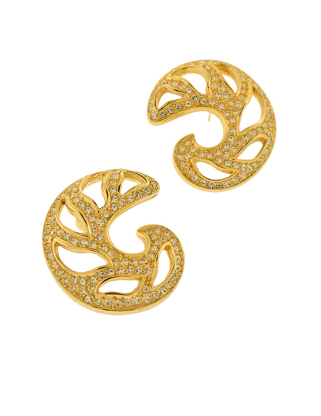 Christian Dior Vintage Rhinestone Encrusted Gold Cut Out Swirl Earrings
