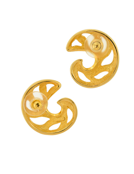 Christian Dior Vintage Rhinestone Encrusted Gold Cut Out Swirl Earrings