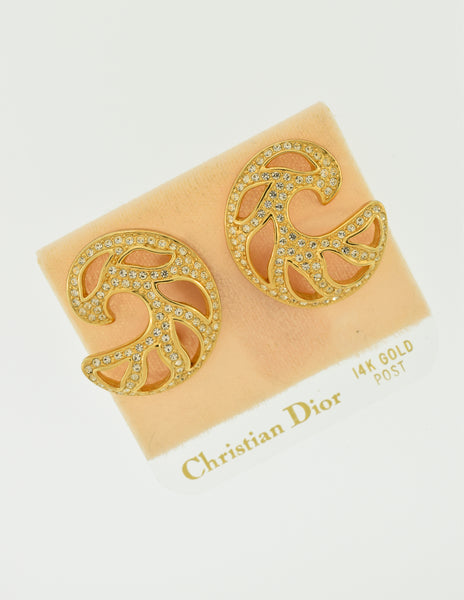 Christian Dior Vintage Rhinestone Encrusted Gold Cut Out Swirl Earrings