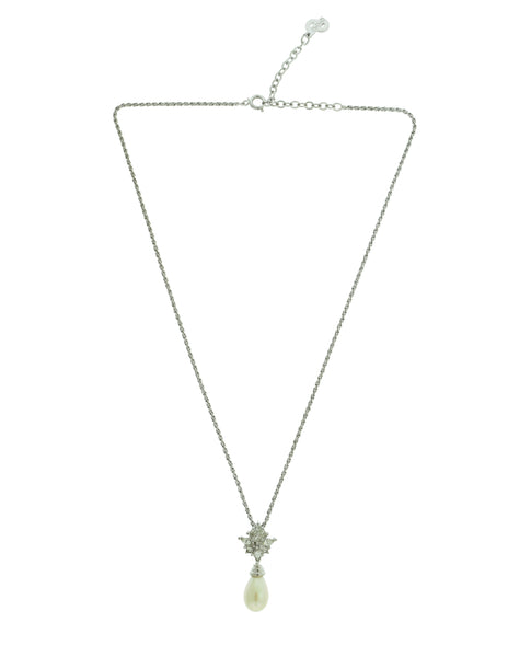 Christian Dior Vintage Silver Rhinestone Pearl Drop Pendant Necklace
