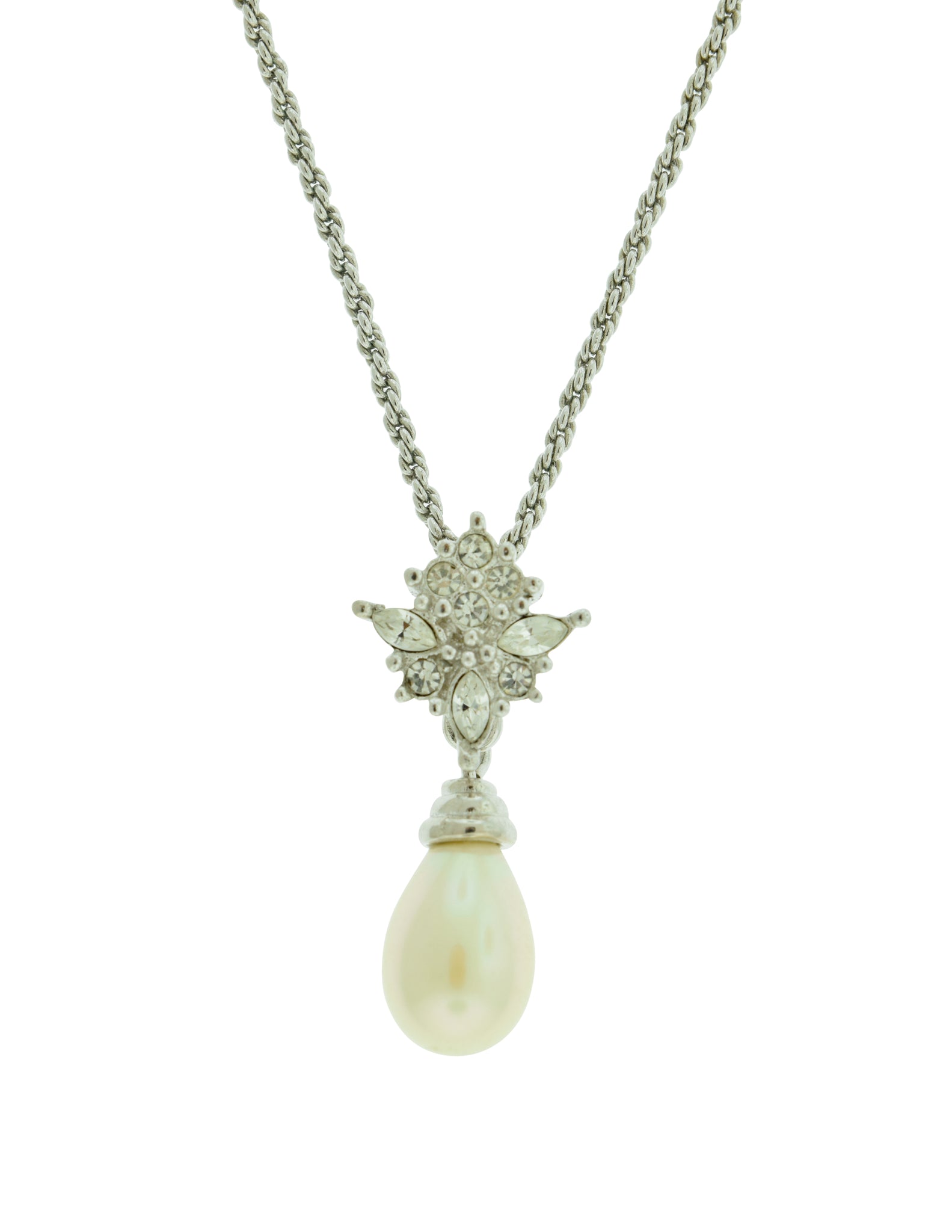 Christian Dior Vintage Silver Rhinestone Pearl Drop Pendant Necklace