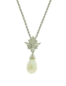 Christian Dior Vintage Silver Rhinestone Pearl Drop Pendant Necklace