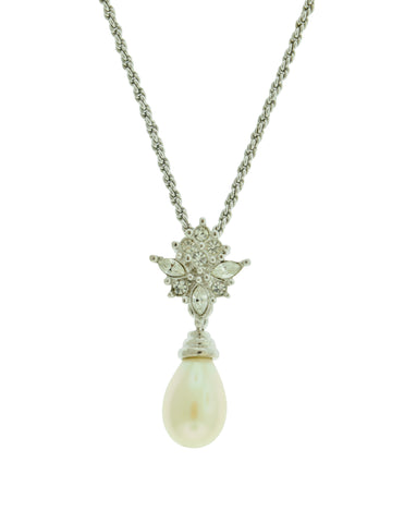 Christian Dior Vintage Silver Rhinestone Pearl Drop Pendant Necklace