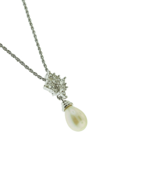 Christian Dior Vintage Silver Rhinestone Pearl Drop Pendant Necklace