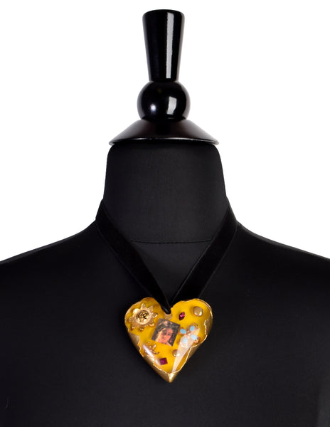 Christian Lacroix Vintage Portrait Rhinestone Logo Keepsake Gold Heart Brooch Pendant Velvet Necklace