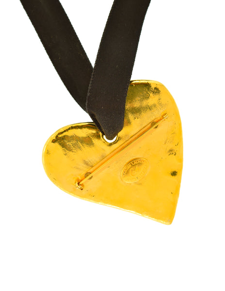 Christian Lacroix Vintage Portrait Rhinestone Logo Keepsake Gold Heart Brooch Pendant Velvet Necklace