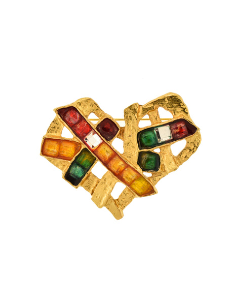 Christian Lacroix Vintage Multicolor Gem Gold Heart Brooch Pin