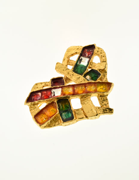 Christian Lacroix Vintage Multicolor Gem Gold Heart Brooch Pin