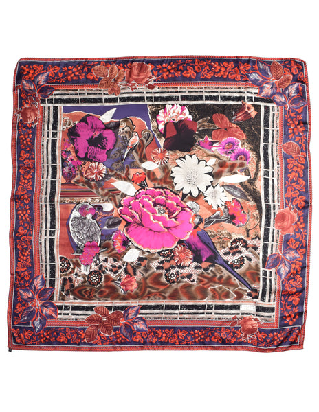 Christian Lacroix Vintage Multicolor Floral Bird Collage Print Oversized Silk Scarf