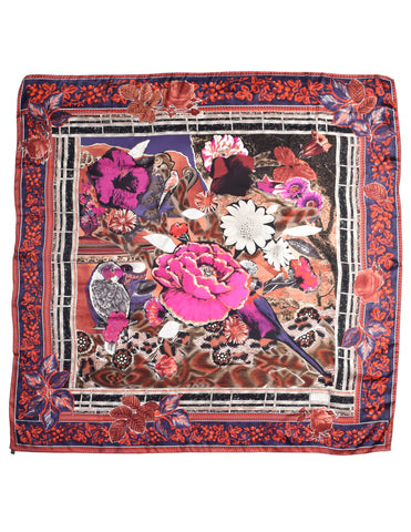 Christian Lacroix Vintage Multicolor Floral Bird Collage Print Oversized Silk Scarf