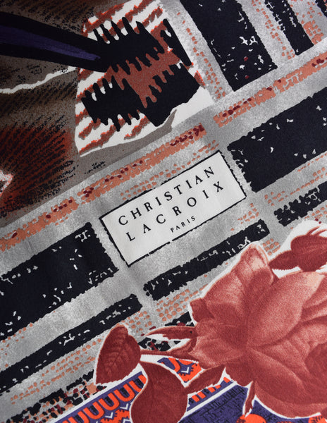 Christian Lacroix Vintage Multicolor Floral Bird Collage Print Oversized Silk Scarf