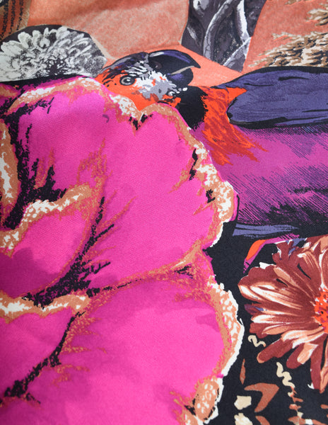 Christian Lacroix Vintage Multicolor Floral Bird Collage Print Oversized Silk Scarf