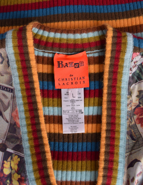 Christian Lacroix Vintage Incredible Cigarette Card Print Silk Rainbow Knit Sweater Vest