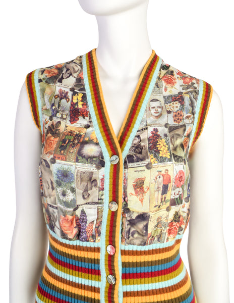 Christian Lacroix Vintage Incredible Cigarette Card Print Silk Rainbow Knit Sweater Vest