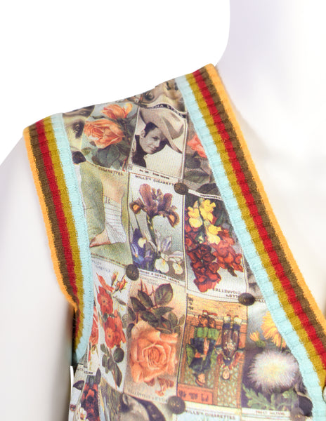Christian Lacroix Vintage Incredible Cigarette Card Print Silk Rainbow Knit Sweater Vest