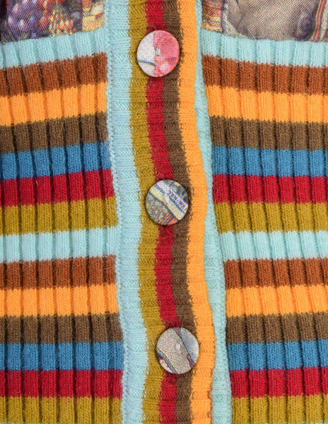 Christian Lacroix Vintage Incredible Cigarette Card Print Silk Rainbow Knit Sweater Vest