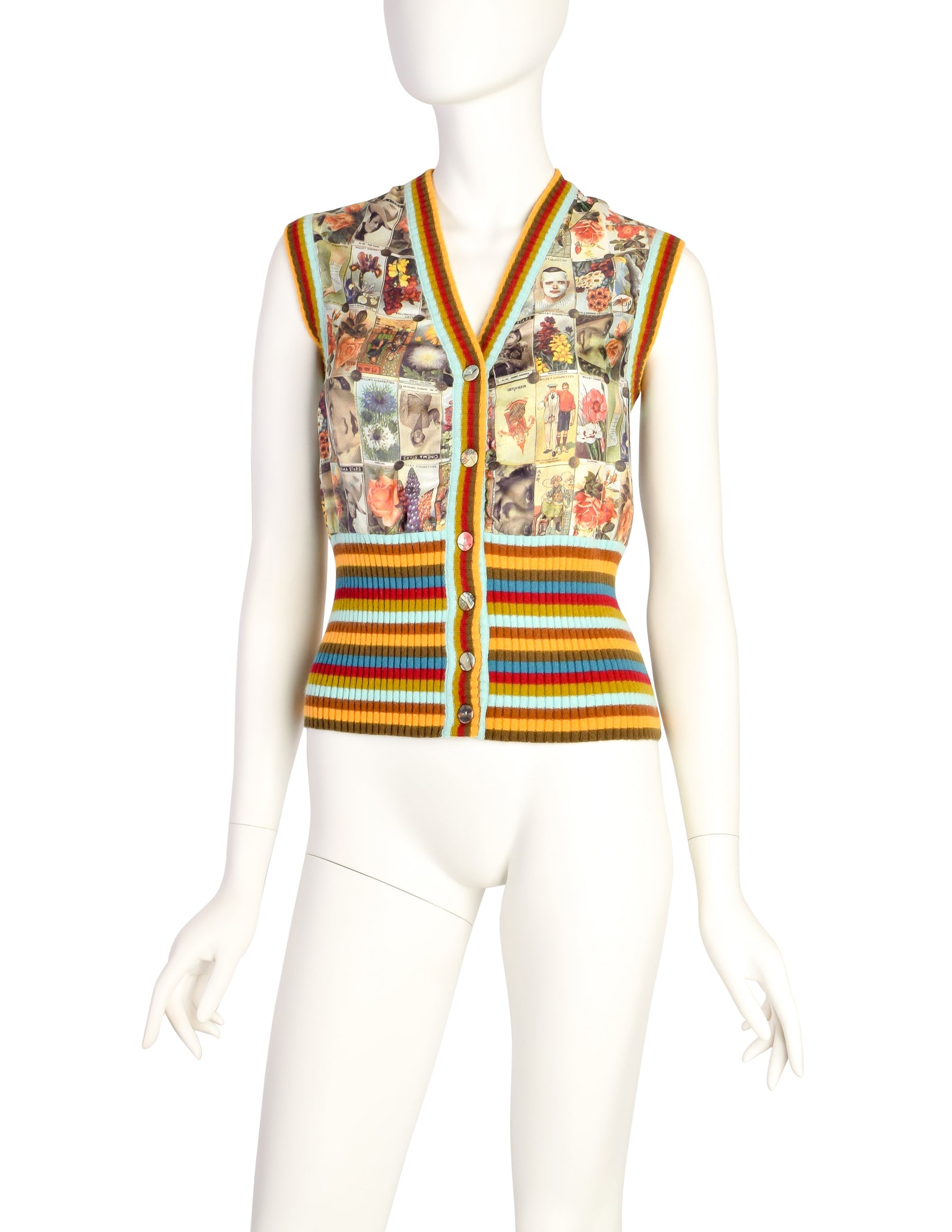 Christian Lacroix Vintage Incredible Cigarette Card Print Silk Rainbow Knit Sweater Vest