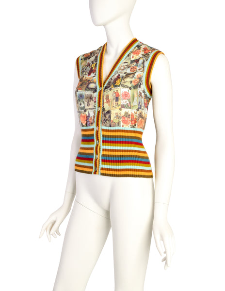 Christian Lacroix Vintage Incredible Cigarette Card Print Silk Rainbow Knit Sweater Vest