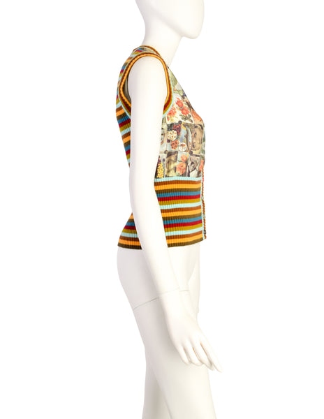 Christian Lacroix Vintage Incredible Cigarette Card Print Silk Rainbow Knit Sweater Vest
