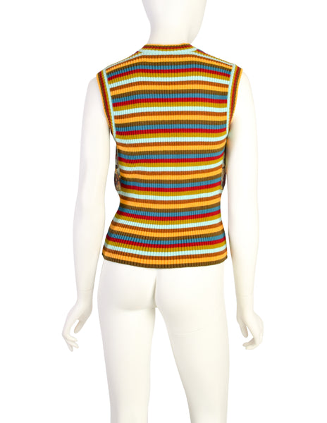 Christian Lacroix Vintage Incredible Cigarette Card Print Silk Rainbow Knit Sweater Vest