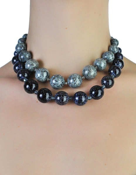 Christian Dior Vintage Two Tone Blue Marble Glass Bead Necklace