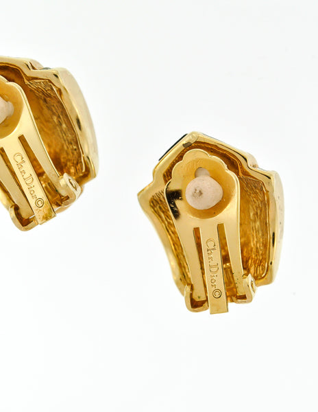 Christian Dior Vintage Black Enamel Rhinestone Gold Earrings