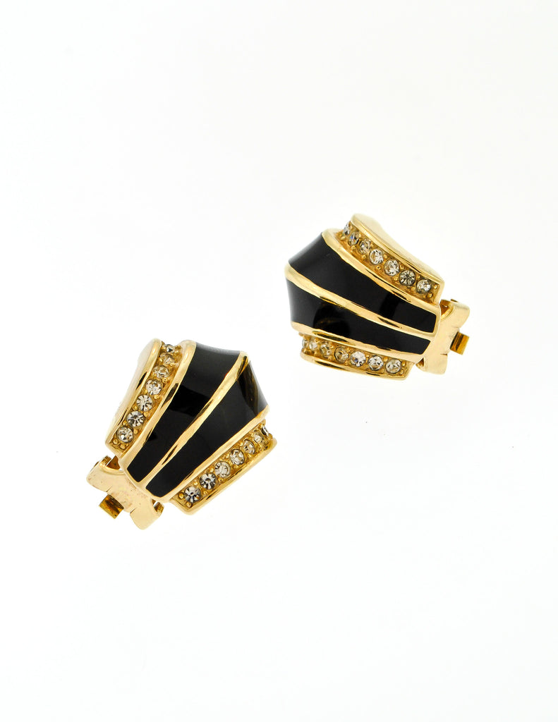 Christian Dior Vintage Black Enamel Rhinestone Gold Earrings