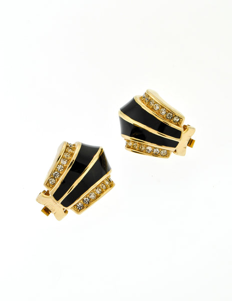 Christian Dior Vintage Black Enamel Rhinestone Gold Earrings - Amarcord Vintage Fashion
 - 3