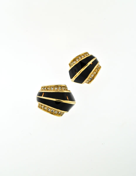 Christian Dior Vintage Black Enamel Rhinestone Gold Earrings