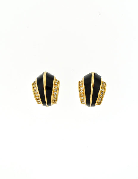 Christian Dior Vintage Black Enamel Rhinestone Gold Earrings - Amarcord Vintage Fashion
 - 4