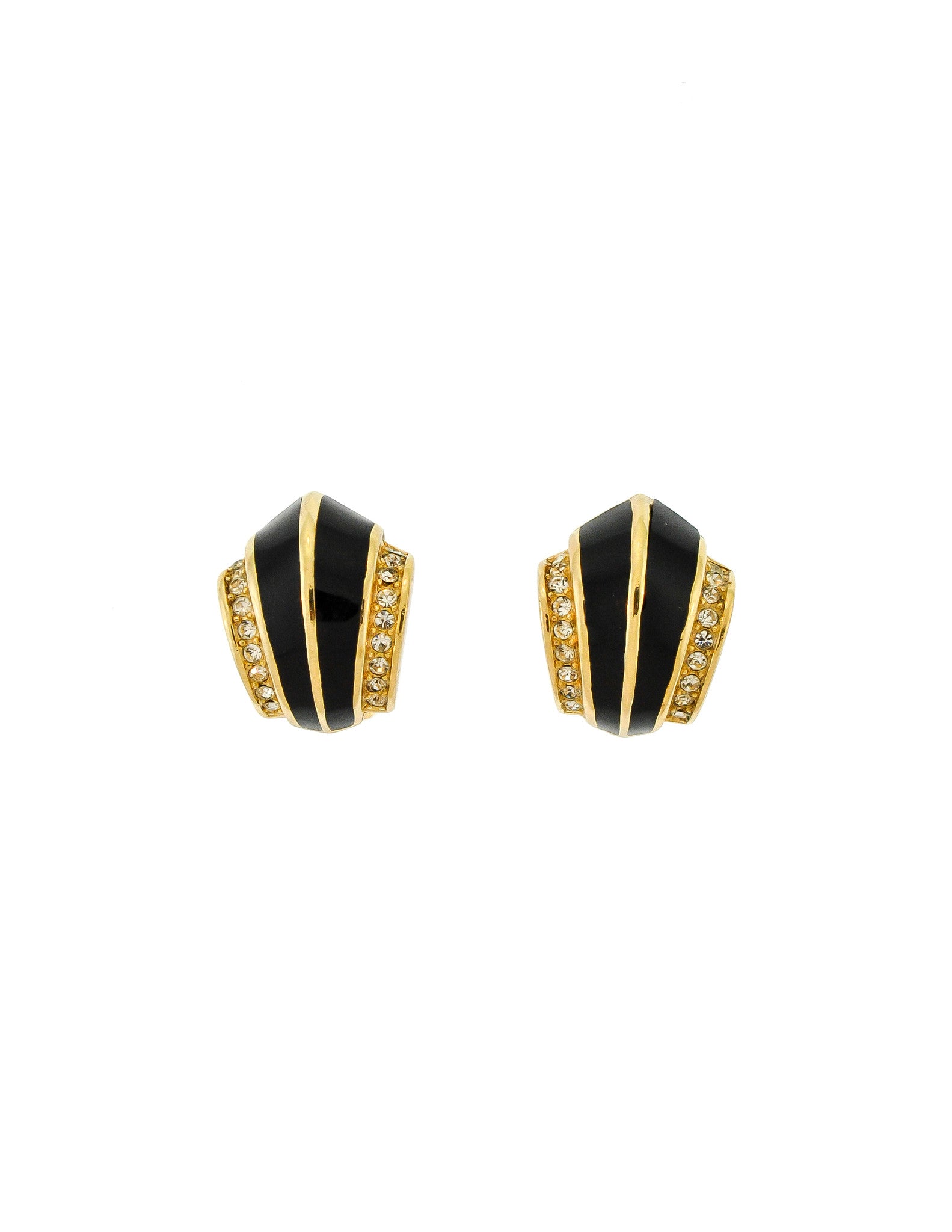 Christian Dior Vintage Black Enamel Rhinestone Gold Earrings - Amarcord Vintage Fashion
 - 1