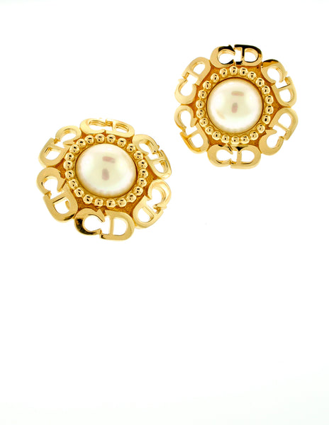 Christian Dior Vintage Huge CD Logo Pearl Earrings - Amarcord Vintage Fashion
 - 2