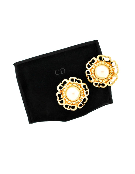 Christian Dior Vintage Huge CD Logo Pearl Earrings - Amarcord Vintage Fashion
 - 4
