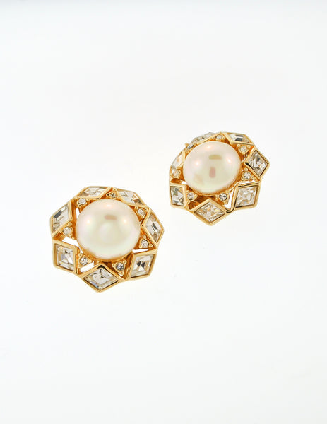 Christian Dior Vintage Gold Rhinestone Pearl Earrings