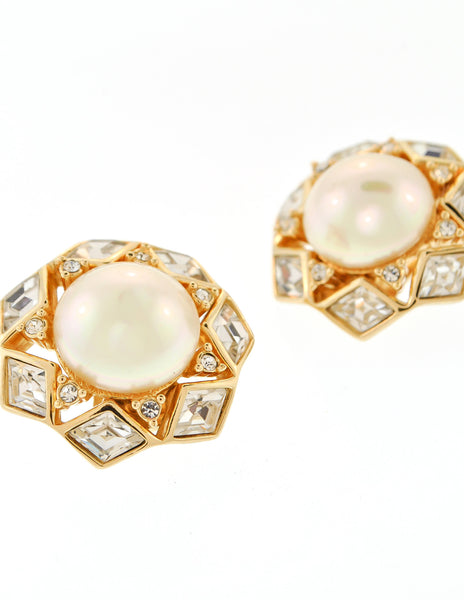 Christian Dior Vintage Gold Rhinestone Pearl Earrings