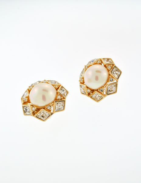 Christian Dior Vintage Gold Rhinestone Pearl Earrings