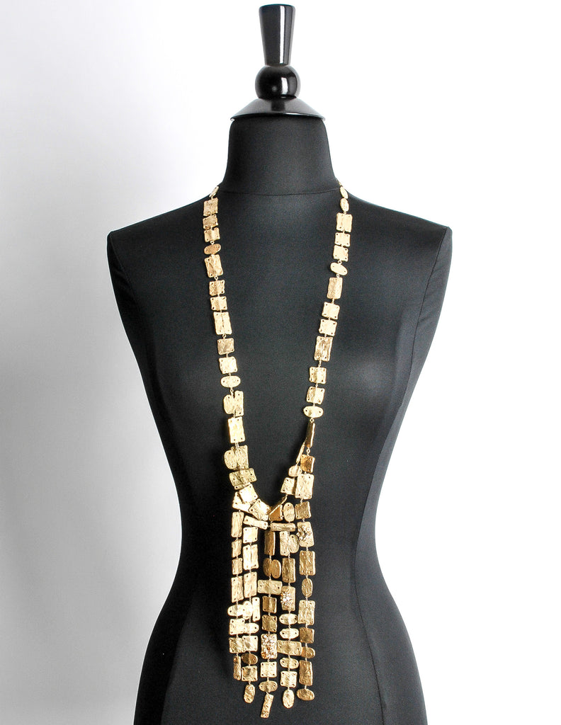 Christian Lacroix Vintage Extra Long Brushed Gold Tablet Necklace