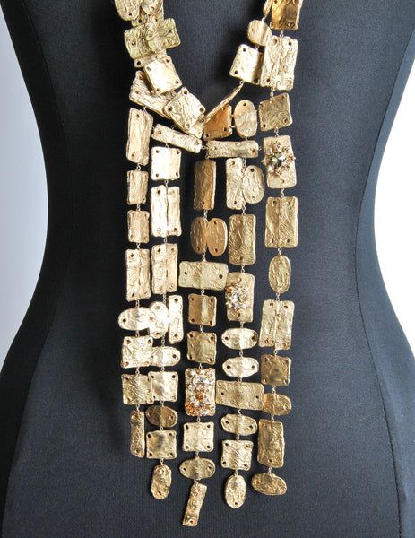 Christian Lacroix Vintage Extra Long Brushed Gold Tablet Necklace