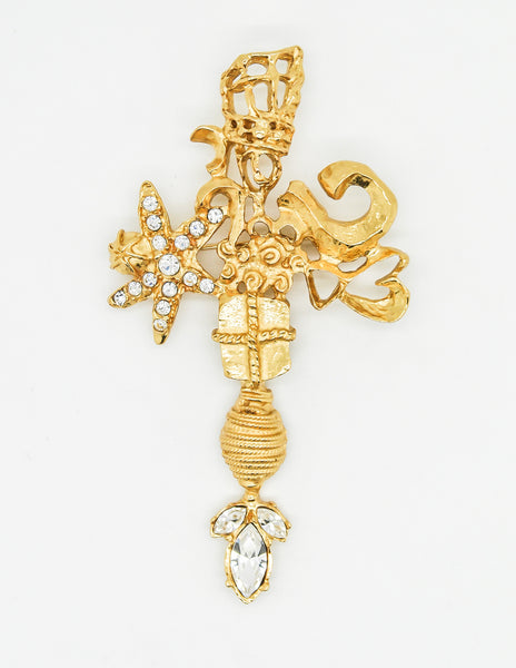 Christian Lacroix Vintage Gold Rhinestone Cross Brooch - Amarcord Vintage Fashion
 - 2