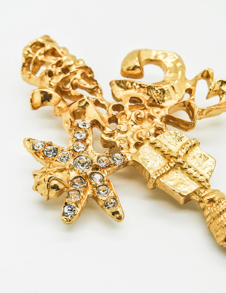 新品同様 Christian Lacroix Vintage Gold Rhinestone Cross Brooch アクセサリー